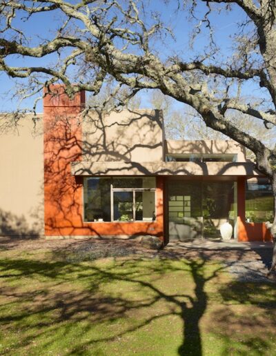 Modern house with large windows nested among oak trees under a clear blue sky.