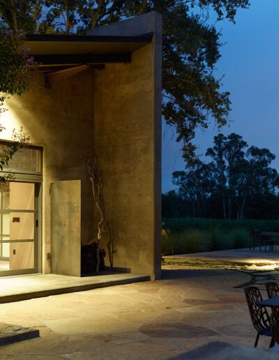 Modern house facade illuminated at twilight with surrounding landscaped garden.