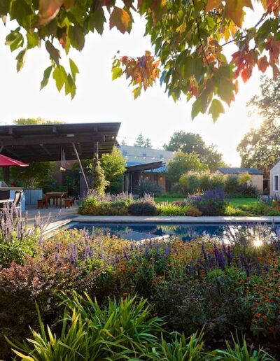A tranquil poolside garden with vibrant foliage, an open patio area, and a red umbrella in the warm glow of sunlight.
